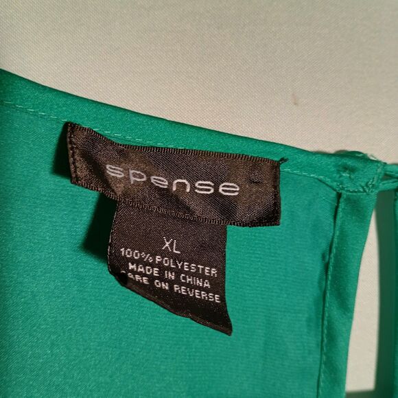 Green Cap Sleeve Blouse with Floral Appliqué – Spence Satin Top - Picture 3 of 4